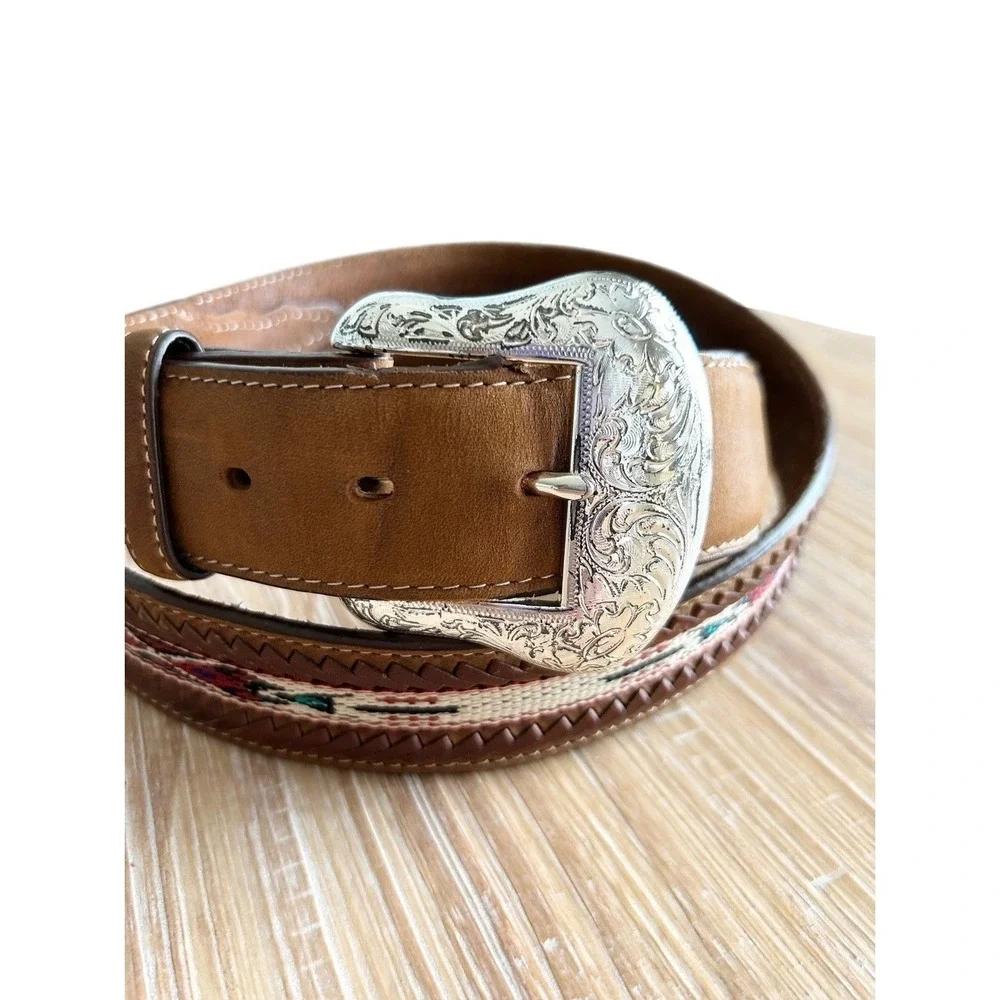 Tony Lama Men's Brown Leather Western Belt Braided Southwestern Buckle Size 44